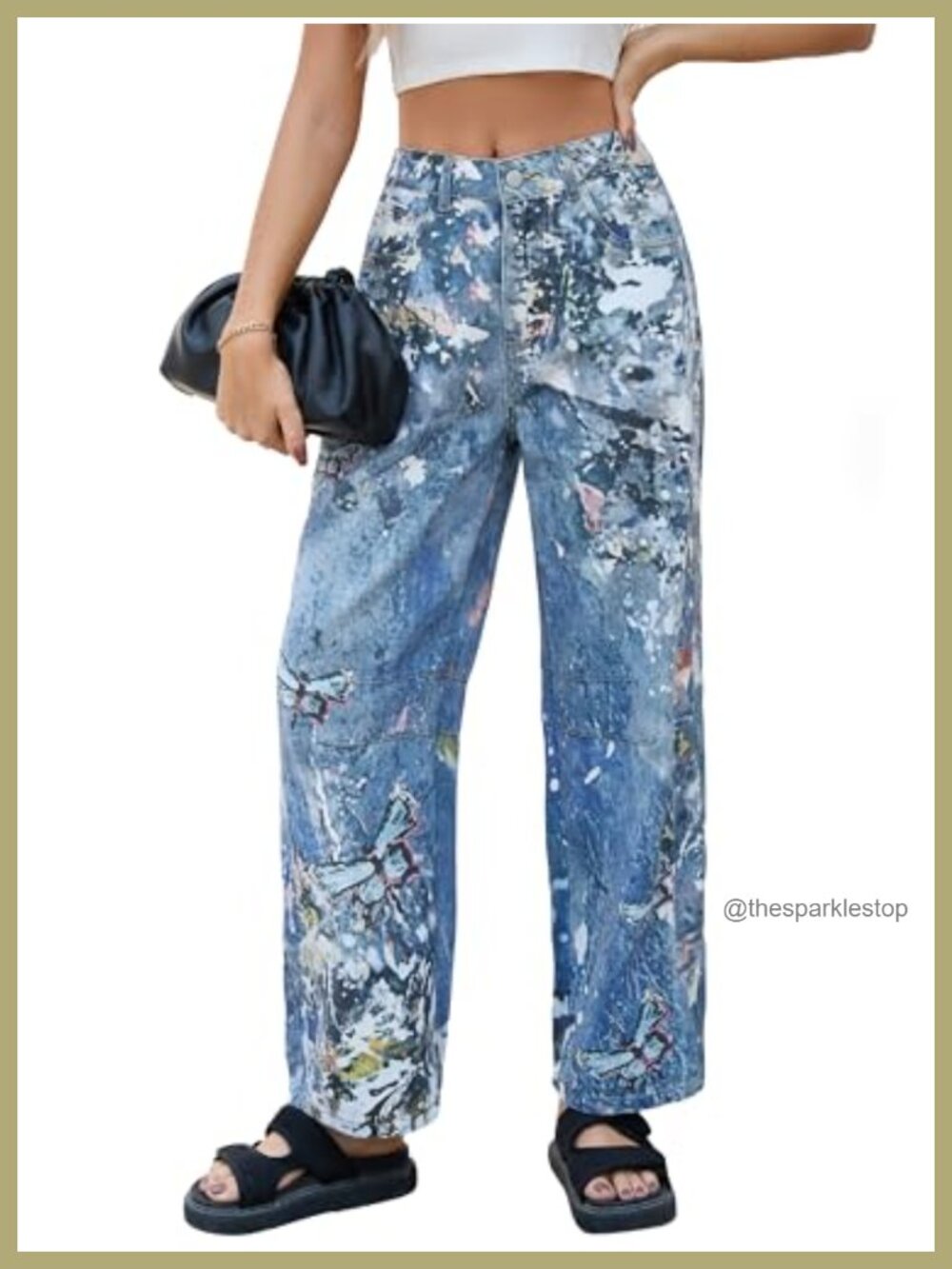 Butterfly Print Barrel Jeans Wide Leg Boyfriend Ankle Denim Pants